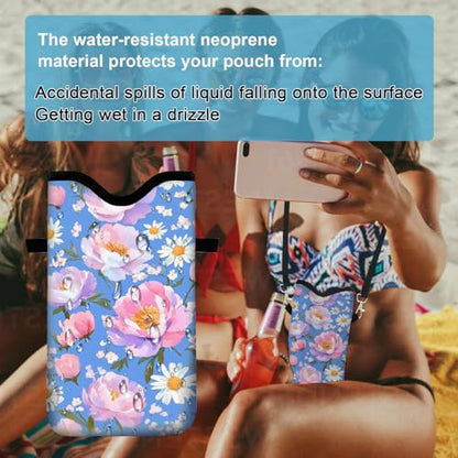Neoprene Cell Phone Sleeve Pouch Case Bag with Crossbody Strap Neck Lanyard for Women 7.1 X 3.9 in Blue Flower - color: Blue Flower