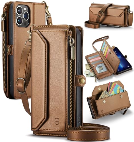 Strapurs Wallet Case Compatible with iPhone 13 Pro Max RFID Blocking 10-Card Holder Soft PU Leather Magnetic Snap Shoulder Strap Zipper Pocket Phone Case Fit for iPhone 13 Pro Max - Brown | RFID Blocking 10-Card Holder, Shoulder Lanyard, Wirst Strap, Zipp