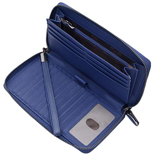 Bveyzi Women RFID Blocking Wallet Leather Zip Around Phone Clutch Large Capacity Ladies Travel Purse Wristlet - color: Navy Blue