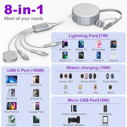 4 in 1 Retractable Multi Charging Cable with iWatch Charger Cord - color: White