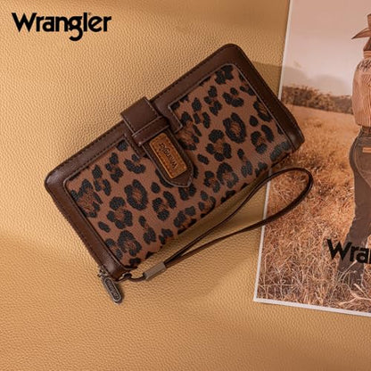 X Wrangler Women's Wallets Bifold Wristlet Wallets for Women Large Capacity Credit Card Wallet with ID Window - color: Leopard Coffee