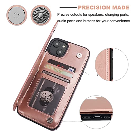 ONETOP for iPhone 14 Plus Wallet Case with Credit Card Holder,Rosegold | Kickstand,ID/Cash Holder,Case Wallet with Card Slots,Double Magnetic Clasp,Durable PU Leather Shockproof Cover for Women Men - color: Rose Gold