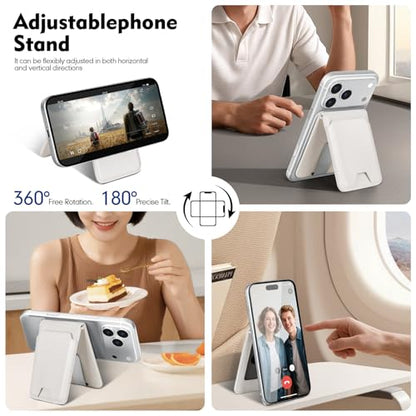 Shieldtop RFID Blocking MagSafe Wallet Stand with Card Holder,5 Card Slots & ID Window,PU Leather Magnetic Adjustable Kickstand for iPhone 12/13/14/15/16/17 Pro Max & Air Plus Series,White - color: White