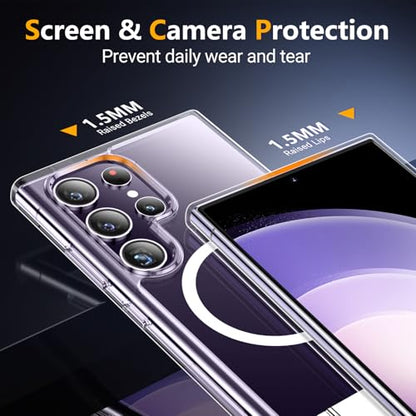 SPIDERCASE for Samsung Galaxy S24 Ultra Case, with Invisible Kickstand, Magnetic Case [Military Grade Drop Protection] [2 pcs Tempered Glass Screen Protectors] Shockproof Slim Case, Clear | with Invisible Kickstand - color: Clear