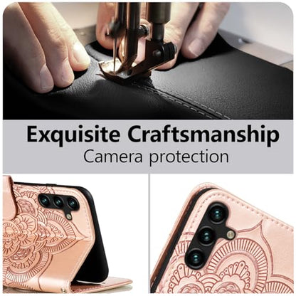 EYZUTAK Case for Samsung Galaxy A15 4G/5G, Premium Leather Magnetic Closure Flip Wallet Phone Case with Card Holder Cash Slot Stand Function Embossed Mandala Flower Shockproof Lanyard Cover -Rose Gold - color: Rose Gold, size: Samsung Galaxy A15 4G/5G