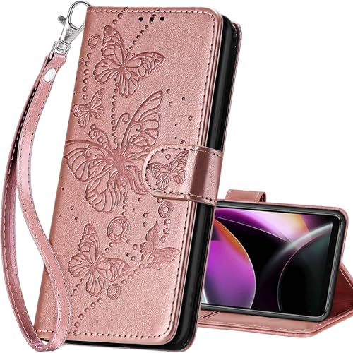 for Motorola Moto G 5G 2022 Wallet case, Rose Gold-Butterfly | 3 Card Holders, Kickstand, Shockproof TPU Shell, PU Leather, Magnetic Closure, Protective Flip Folio Cover, Women - color: 6