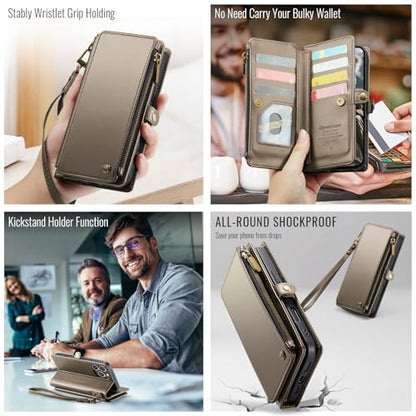 Defencase for iPhone 16 Pro Max Wallet Case with RFID Card Holder, Titanium | Durable Soft PU Leather, with Zipper Pocket, Wrist Strap, Fashion Snap Flip Phone Cases Cover with Stand for Women and Men - color: Desert Titanium