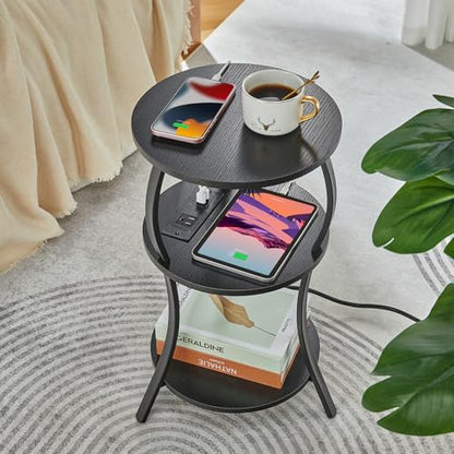 YEAKOO Small Side Table with Charging Station,3-Tier Round end Table - color: Black, style: USB Charger