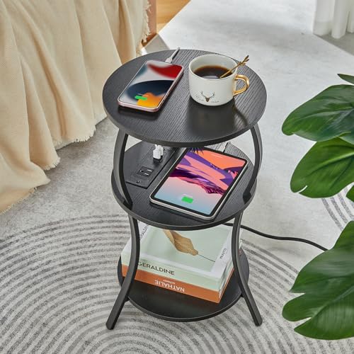 YEAKOO Small Side Table with Charging Station,3-Tier Round end Table - color: Black, style: USB Charger