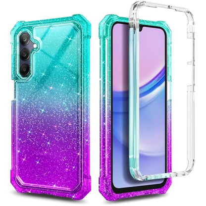 Compatible with Samsung Galaxy A15-5G Phone Case Glitter Aqua/Purple | Full-Body Protective Shockproof Bumper Cover with Tempered Glass Screen Protector, 12FT Military Grade Drop Tested - color: Glitter Aqua/Purple, size: Samsung Galaxy A15-5G