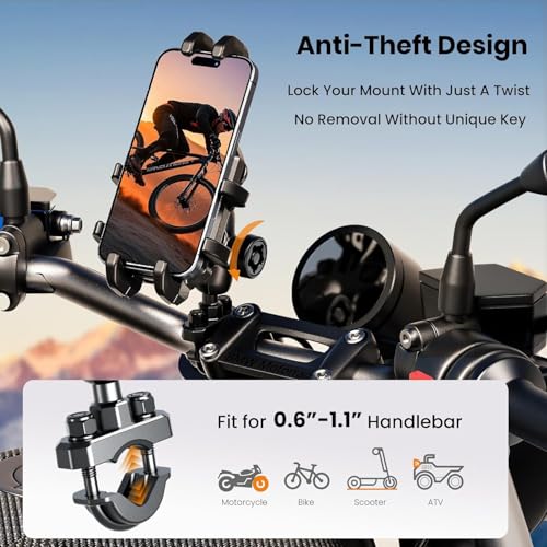 Motorcycle Phone Mount Holder with Vibration Dampener Anti-Shake 720° Adjustable for iPhone 16 Pro Max for Samsung 5.4''-6.9'' Phone Anti-Theft Dirt Bikes(U Shape Base 0.6-1.1" Handlebar) - style: U Shape Base