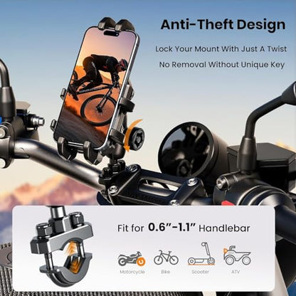 Motorcycle Phone Mount Holder with Vibration Dampener Anti-Shake 720° Adjustable for iPhone 16 Pro Max for Samsung 5.4''-6.9'' Phone Anti-Theft Dirt Bikes(U Shape Base 0.6-1.1" Handlebar) - style: U Shape Base