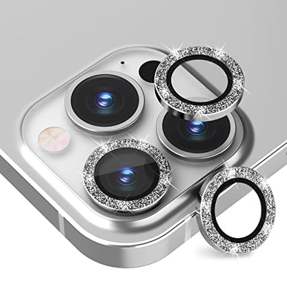 Suoman 3-Pack for iPhone 13 Pro 6.1 inch / 13 Pro Max 6.7 inch Camera Lens Protector, 9H Hardness Tempered Glass Film, [Glitter diamonds] Individual Metal Protective Cover- Silver - color: Silver