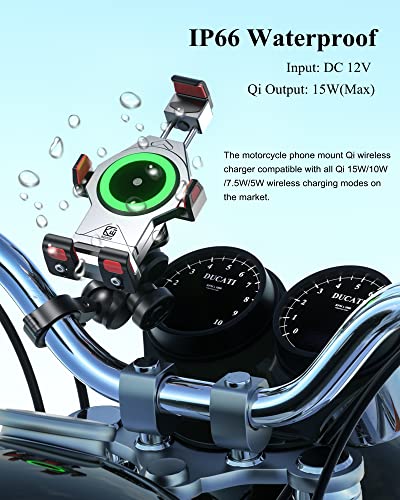 BRCOVAN Aluminum Alloy Motorcycle Phone Mount with Qi 15W Wireless Charger - color: SILVER