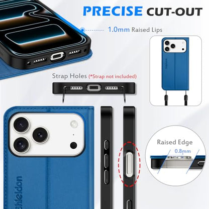 SHIELDON Genuine Leather Wallet Case for iPhone 17 Pro Max, Sapphire Blue | Magnetic Closure, RFID Blocking, Credit Card Holder, Kickstand, Folio Design, Shockproof Phone Cover for Men Women - color: Sapphire Blue