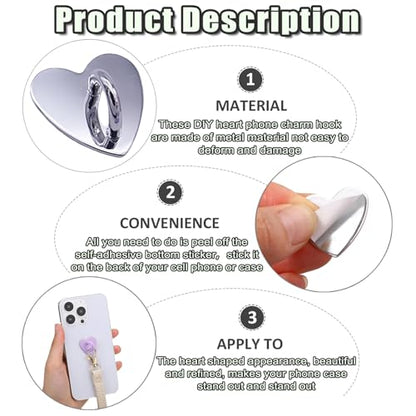12 Pcs Metal Phone Finger Grip Hook Adhesive Heart Shaped Phone Charm Hook Smartphones Accessories Charm Loop Stand Keychain Ring Smartphones Holder Heart Pad Ring for DIY Hanging Supplies (Silver) - color: Silver