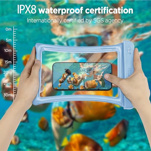 CACOE Floatable Waterproof Phone Pouch 2 Pack Up to 10.0",White+Light Blue | Floatable, IPX8 Waterproof Phone Case,Adjustable Lanyard,Dry Bags for Beach/Cruise/Travel/Camping/Kayak/Vacation Essentials - color: White+Light Blue, size: Up to 10.0"-Floatable
