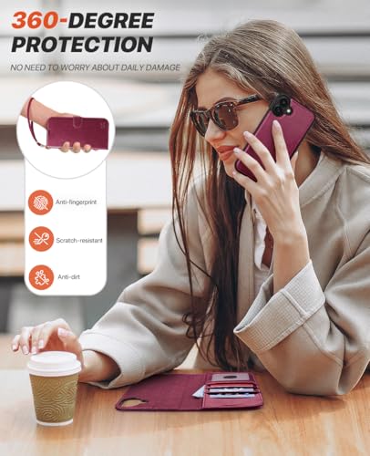 OCASE for iPhone 17 Detachable Wallet Case with Card Holder, 2 in 1 PU Leather Flip Folio with RFID Blocking Stand Wrist Strap Shockproof Phone Cover 6.3 Inch 2025, Burgundy - color: Burgundy, size: iPhone 17