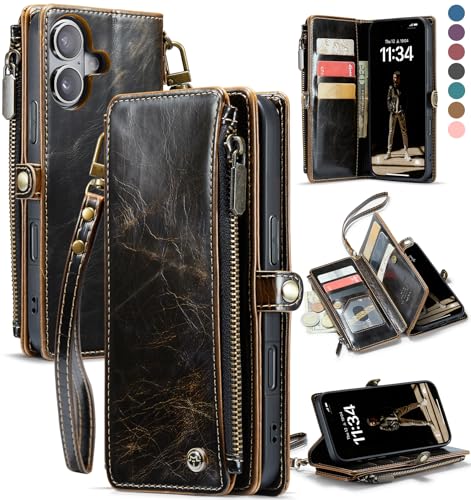 Defencase for iPhone 17 Wallet Case with RFID Blocking Card Holder, Coffee | Durable Soft PU Leather, with Zipper Pocket, Wrist Strap, Fashion Snap Flip Phone Cases Cover with Stand for Women and Men - color: Coffee