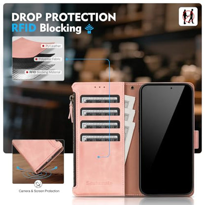 Compatible with iPhone 17e / 16e Wallet Case with Card Holder RFID Blocking Zipper Poket PU Leather Flip Phone Case with Wrist Strap Credit Card Slots Men Women,Rose Pink - color: Rose Pink