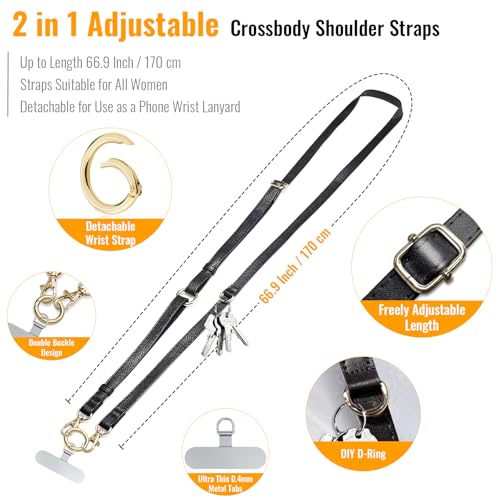 Clip and Go Phone Strap Crossbody Wrist 2 in 1 Leather Lanyard with Tether Hanging Loops Adjustable Anti-Theft Purse Replacement Handbag Long Thin Shoulder Neck Straps for All Phones Keys Bags Black - color: Black