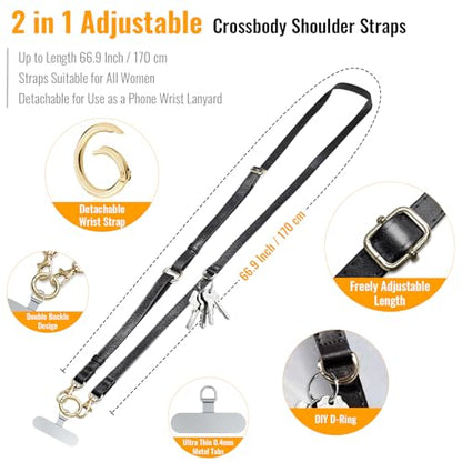 Clip and Go Phone Strap Crossbody Wrist 2 in 1 Leather Lanyard with Tether Hanging Loops Adjustable Anti-Theft Purse Replacement Handbag Long Thin Shoulder Neck Straps for All Phones Keys Bags Black - color: Black