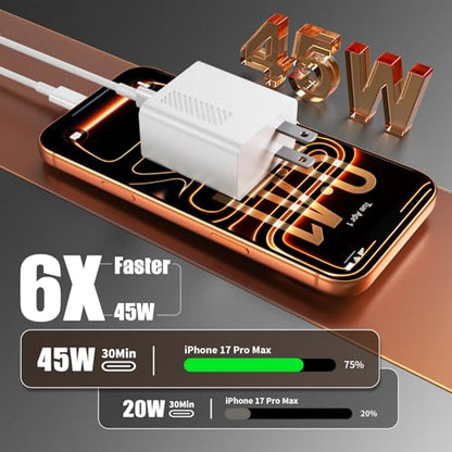 45W Fast Charger for iPhone 17 Pro Max, Super Fast USB C (6+6+10) FT Cables - color: White