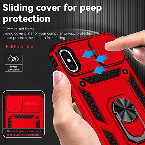 for iPhone Xs Max Case with Camera Lens Cover HD Screen Protector, Dual Layer Military Grade Drop Protection Magnetic Ring Holder Kickstand Protective Phone Case for iPhone Xs Max 6.5 inch (Red) - color: Red with camera cover Military-Grade 2nd gen