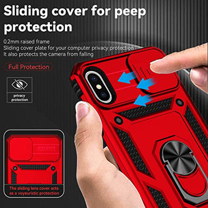 for iPhone Xs Max Case with Camera Lens Cover HD Screen Protector, Dual Layer Military Grade Drop Protection Magnetic Ring Holder Kickstand Protective Phone Case for iPhone Xs Max 6.5 inch (Red) - color: Red with camera cover Military-Grade 2nd gen