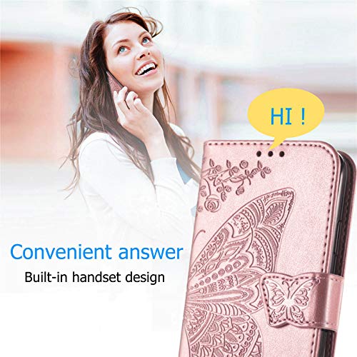 Wallet Case for Samsung Galaxy A03s with Card Holder Rose Gold | PU Leather Flip Phone Cover,Wrist Strap,Woman Man Purse,Emboss Butterfly Flower,Stand,Shockproof TPU Shell, Magnetic Closure - color: B Rose Gold