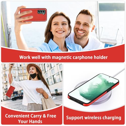 Asuwish Phone Case for Samsung Galaxy S22 5G Zipper Wallet Detachable Cell Cover with Tempered Glass Screen Protector Crossbody Lanyard Strap Flower Card Holder S 22 22S 4G G5 6.1 inch Women Girls Red - color: Red