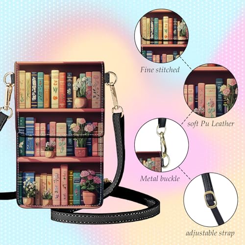 Small Crossbody Bags for Women Touchscreen Cell Phone Bag Cross Body Purses with adjustable Strap,Gifts For Teenage Girls - color: Botanical Bookshelf