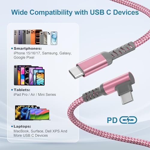Basesailor 60W USBC to USBC Charger Cable 10FT with USB Adapter Right Angle - color: Pink, size: 10FT/3M