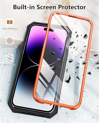 FNTCASE for iPhone 14 Pro Max Case, Built-in Screen Protector, Kickstand | 20FT Military-Grade Drop Protection, Anti-Slip Matte Textured, Rugged Heavy Duty Shockproof TPU Protective Cover - color: Orange