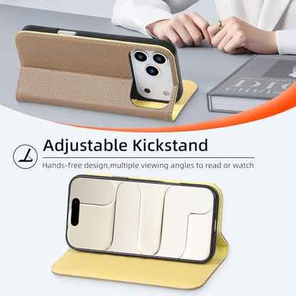 VISOUL Pebbled Leather Wallet Case for iPhone 17 Pro Max 6.9" 2025, Genuine Leather Flip Folio Cover with RFID Blocking Card Holders, Kickstand, Soft TPU Protective Flip Cover -Light Gray+Yellow - color: Light Gray+Yellow