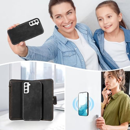 Asuwish Phone Case for Samsung Galaxy S22 5G Zipper Wallet Detachable Magnetic Cover with Tempered Glass Screen Protector Crossbody Lanyard Strap Card Holder S 22 22S 4G G5 6.1 inch Women Girls Black - color: Black