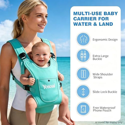 Yosoai Premium Neoprene Water Baby Carrier, Safer Wider 50mm Strap & 60mm Slide Lock Buckle, Ergonomic X+H Back Support, Quick Dry Land & Water Baby Carrier with Waterproof Phone Pouch - color: Lake Blue