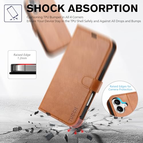 TUCCH Wallet Case for iPhone 16 (6.1") 2024, 4 Card Holders, Light Brown | RFID Blocking, Viewing Stand, Shockproof TPU Shell, PU Leather, Magnetic Closure, Protective Folio Flip Cover - color: Textured Light Brown
