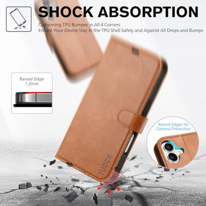 TUCCH Wallet Case for iPhone 16 (6.1") 2024, 4 Card Holders, Light Brown | RFID Blocking, Viewing Stand, Shockproof TPU Shell, PU Leather, Magnetic Closure, Protective Folio Flip Cover - color: Textured Light Brown