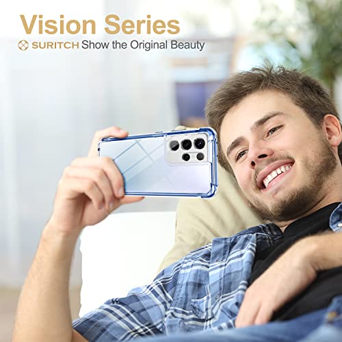 SURITCH for Samsung Galaxy S21 Ultra Clear Case 6.8" (Only), [Built-in Screen Protector] Full Body Protective Hard Shell+Soft TPU Phone Case for Samsung S21 Ultra -(Blue Edge) - color: Blue Edge