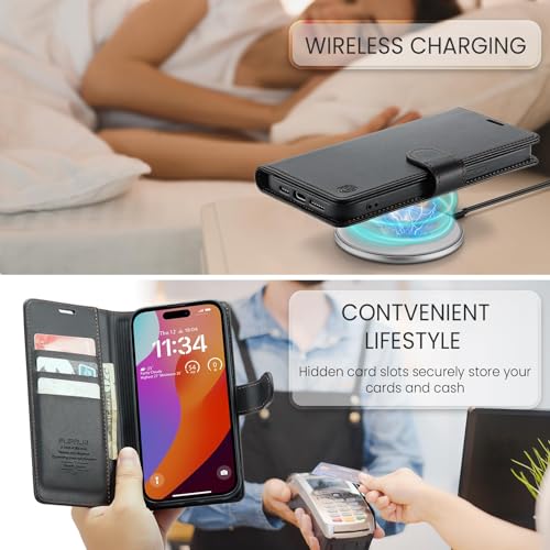 FLIPALM Wallet Case for iPhone 16e, Black | Card Holder, RFID Blocking, PU Leather Folio Flip, Kickstand, Protective Shockproof Cover - color: Black