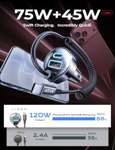 LISEN 90W for iPhone 18 17 16 Pro Max Car Charger USB C Fast Charge - color: Black - 60 inch
