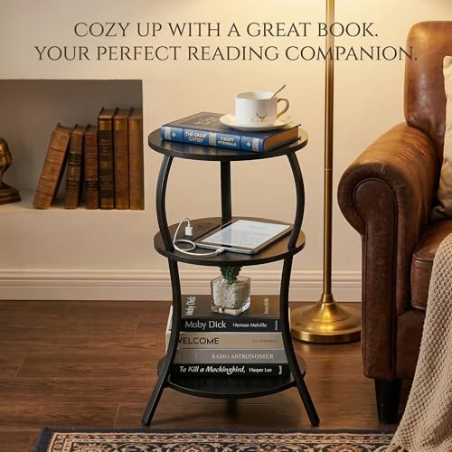 YEAKOO Small Side Table with Charging Station,3-Tier Round end Table - color: Black, style: USB Charger