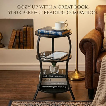 YEAKOO Small Side Table with Charging Station,3-Tier Round end Table - color: Black, style: USB Charger