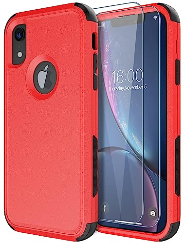 Diverbox Designed for iPhone Xr case with Screen Protector Heavy Duty Shockproof Shock-Resistant Cases for Apple iPhone Xr Phone (Red+Screen Protector) - color: Red-3in1-Screen Protector