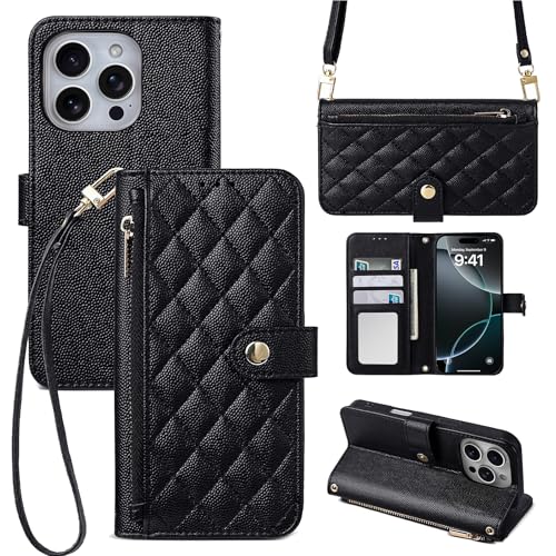 Wallet Phone Case Crafted for iPhone 16 Pro Max Black | Women Wallet Flip Case Cover Wrist Strap Zipper Credit Card Holder Slots PU Leather - color: Black, size: iPhone 16 Pro Max