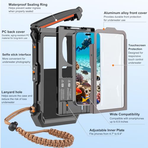 100FT/30M Gen 5 Diving Phone Case, Full Touchscreen Underwater Housing for iPhone 17-12 Pro Max & Samsung Galaxy S26 - S21, IPX8 Scuba Photo/Video Waterproof Case - color: Black