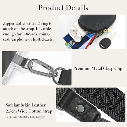 UKON Adjustable Phone Lanyard Crossbody Strap With Wallet Clip-and-Go Strap with Zippered Pouch Widened Phone String for iPhone Hands-Free for Travelling Concerts - color: Dark Black
