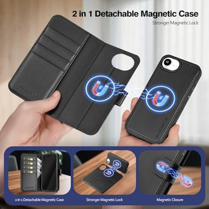 Magnetic 2 in 1 Detachable Compatible with Magsafe iPhone 17e / 16e Genuine Wallet Case with Card Holder,Women Men Real Leather Flip RFID Blocking Credit Card Slots Stand Phone Cover,Black - color: Black, size: iPhone 17e / 16e - 6.1"