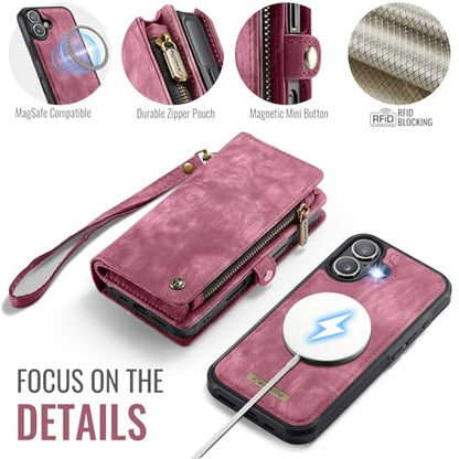 Compatible with iPhone 17 Wallet Case with Magsafe,Red | Magnetic Detachable Case,Card Holder,Zipper Pocket,Strap Wristlet, Soft Leather Drop-Proof Phone Case for iPhone 17 6.3" - color: (Detachable and Magsafe)-Red, size: iPhone 17 6.3 Inch